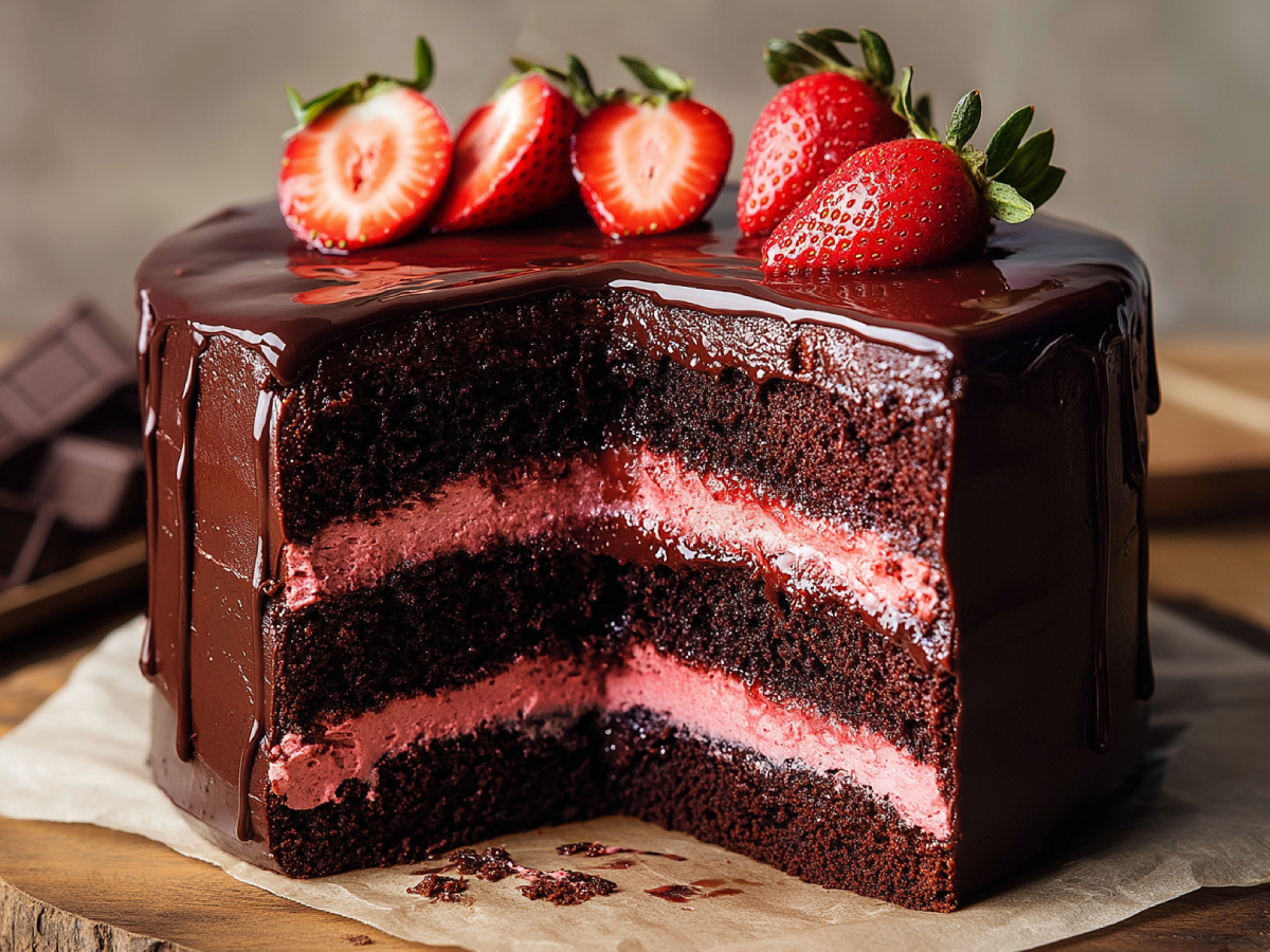 Homemade Chocolate Strawberry Cake With Ganache & Berries