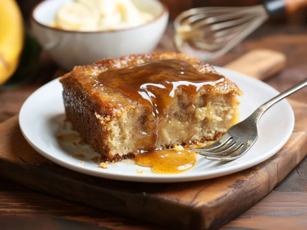Banana bread pudding cake drizzled with warm toffee sauce in a glass baking dish, surrounded by baking tools in a cozy kitchen setting.