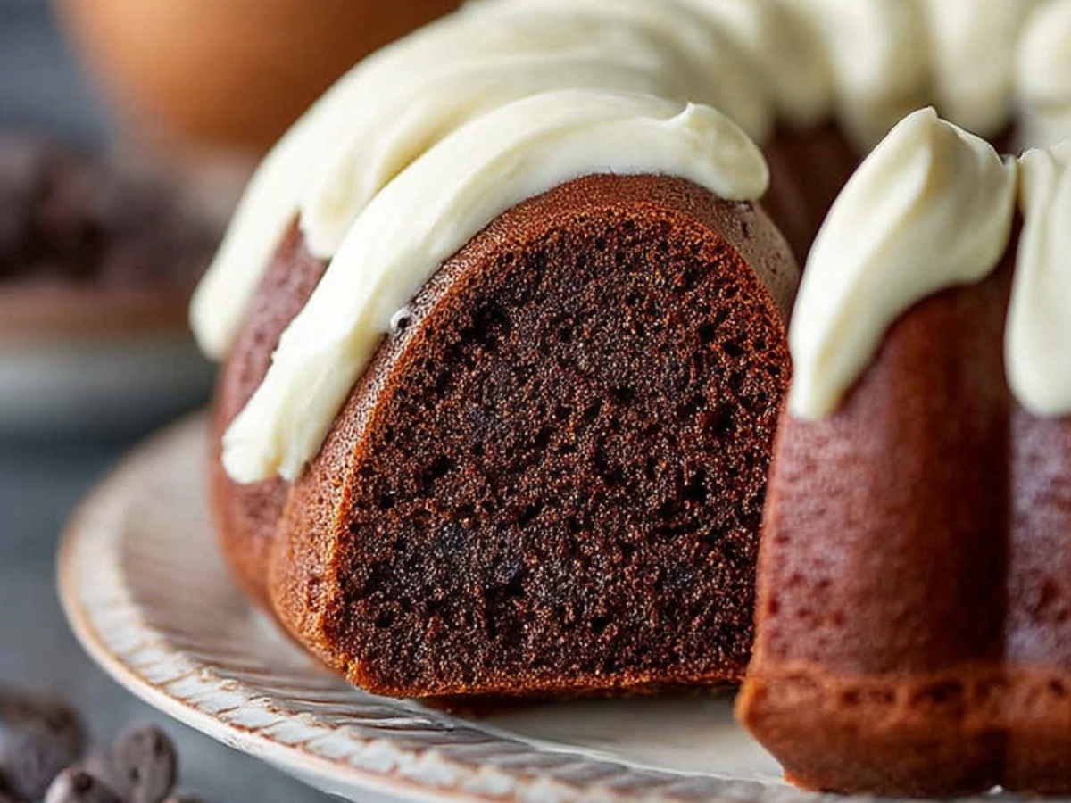 Moist chocolate nothing bundt cake copycat with cream cheese frosting in a bundt pan, perfect for birthdays or holidays