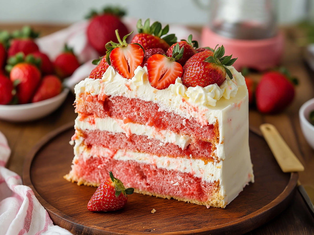 Strawberry jello cake with fresh strawberries, creamy frosting, and a moist white cake base, sliced and ready to serve.