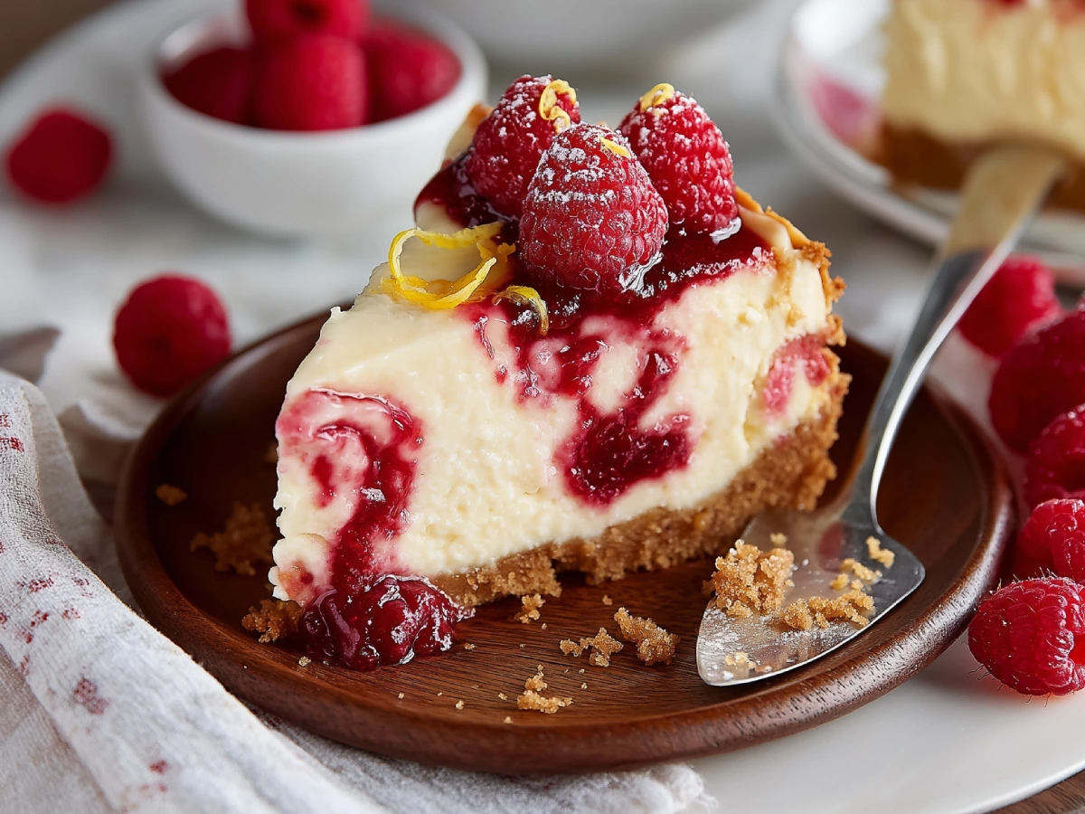 A creamy lemon raspberry cheesecake with raspberry swirls and lemon zest on a graham cracker crust, topped with fresh raspberries, styled on a rustic table.