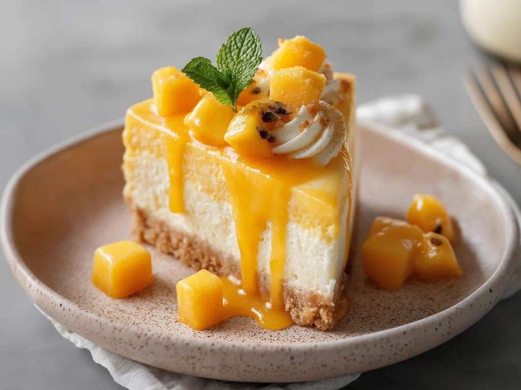 Creamy mango cheesecake slice topped with glossy mango glaze and fresh mango cubes on a rustic plate, perfect summer dessert.