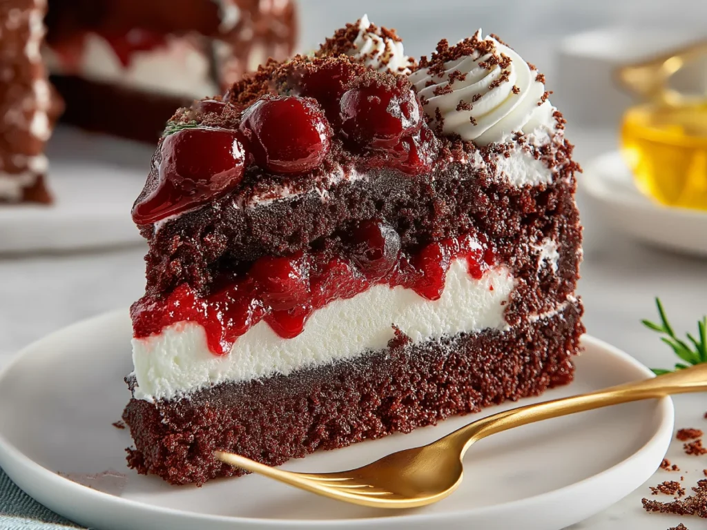 Slice of Black Forest Cake with rich chocolate layers, whipped cream, and a cherry topping, served on a white plate with a gold fork.