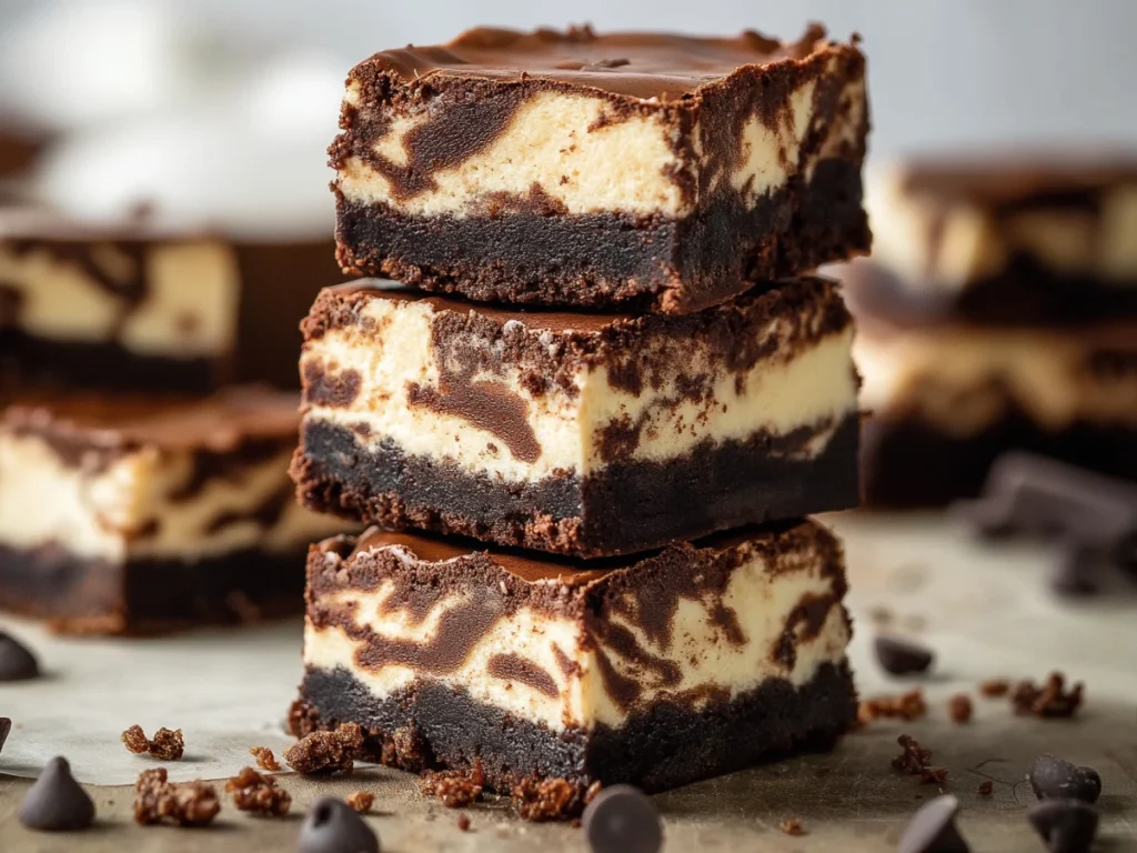Close-up shot of a decadent stack of brownie cheesecake bars with rich fudgy layers and a creamy chocolate swirl on a rustic board.