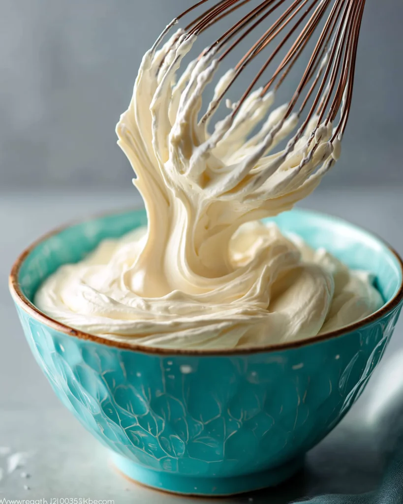 Cream cheese frosting whipped to smooth peaks in a glass bowl with whisk
