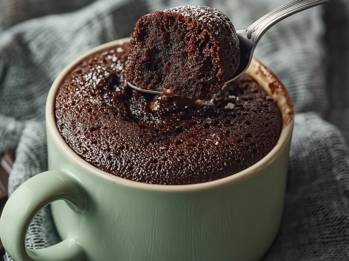 Close-up of a rich, gooey chocolate mug cake in a pastel green ceramic mug, with a spoon lifting a dense, fudgy bite.
