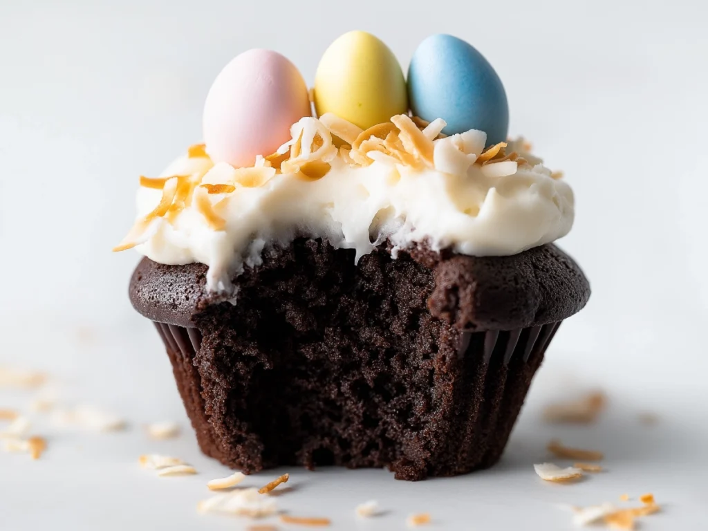 A close-up of a moist Easter chocolate cupcake topped with coconut frosting, toasted coconut flakes, and colorful mini candy eggs, with a bite taken out to reveal the rich texture.
