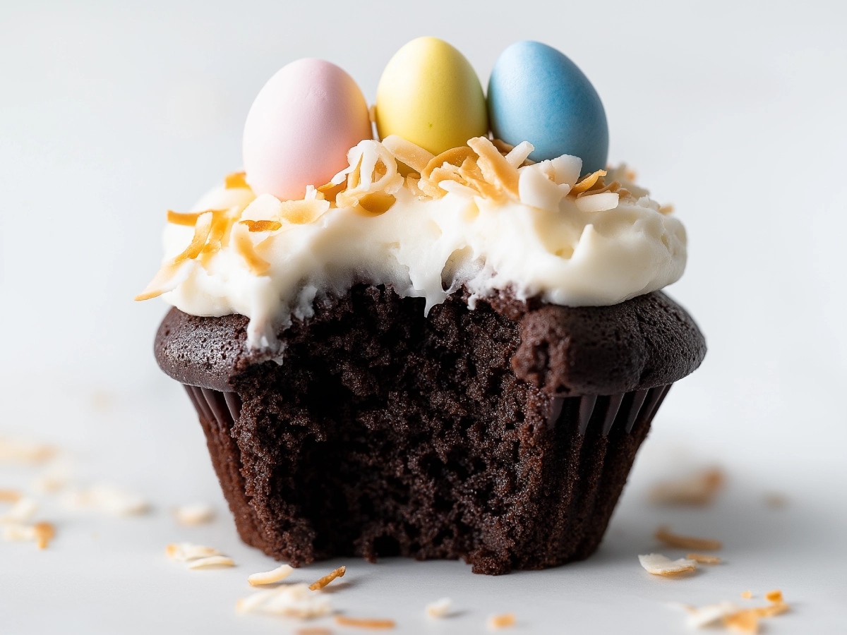 A close-up of a moist Easter chocolate cupcake topped with coconut frosting, toasted coconut flakes, and colorful mini candy eggs, with a bite taken out to reveal the rich texture.