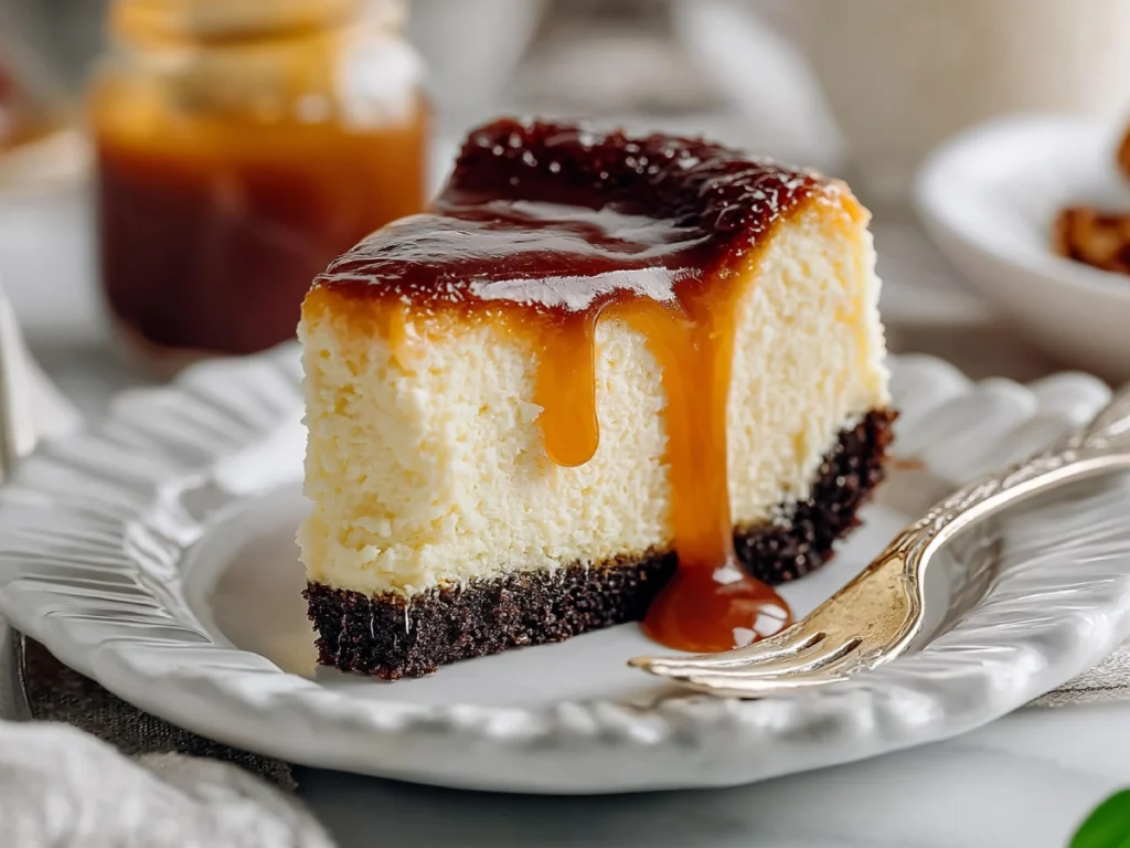 A thick slice of salted caramel cheesecake with gingersnap crust, topped with golden caramel sauce, served on a white dessert plate.
