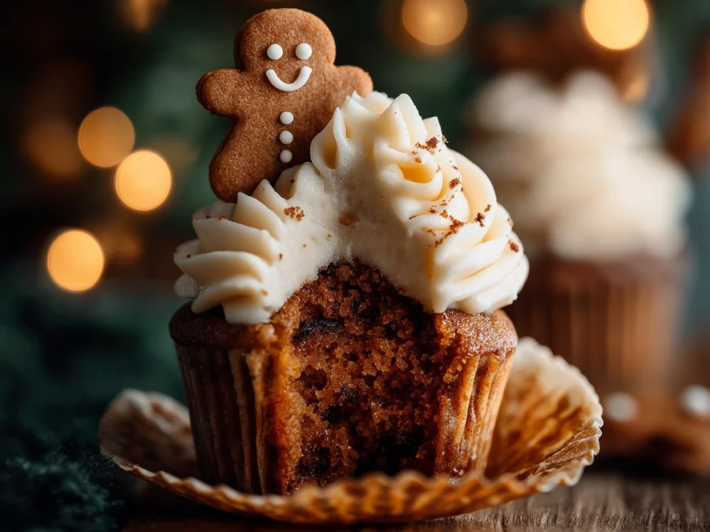 Gingerbread cupcake with cinnamon cream cheese frosting and gingerbread man topper, partially eaten, styled on a rustic wooden table with warm holiday lighting.