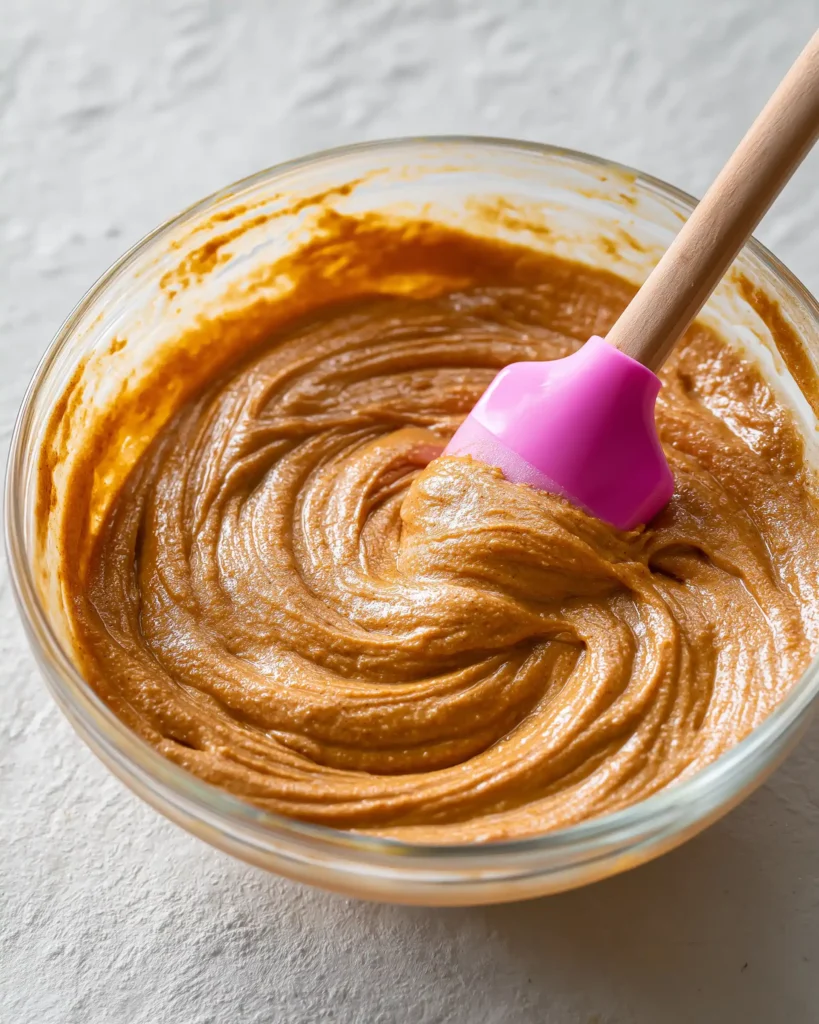 Pumpkin cupcake batter being mixed in a glass bowl with a pink spatula