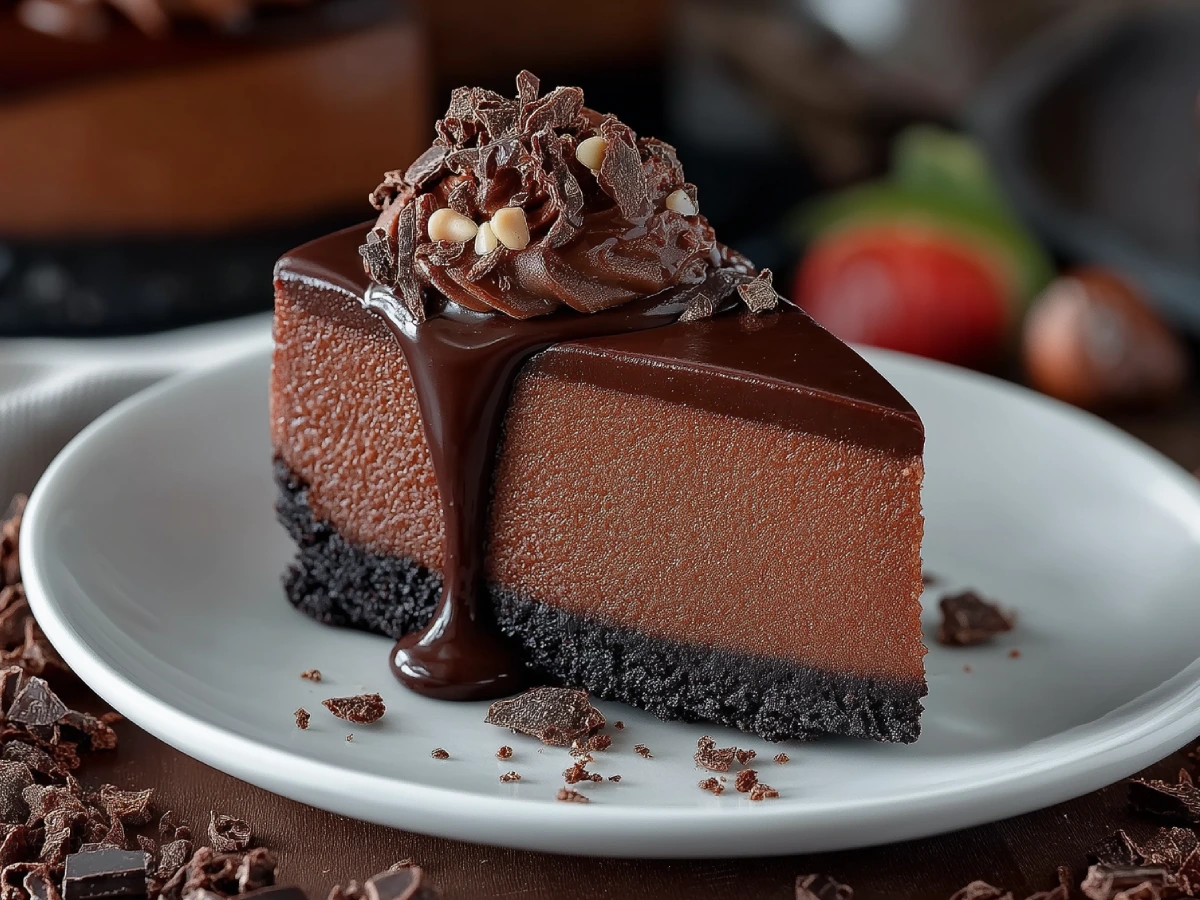 A creamy Nutella cheesecake topped with glossy chocolate ganache and hazelnuts on a rustic wooden table