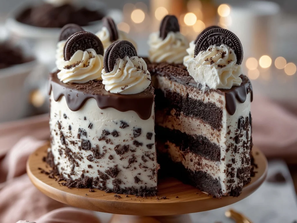 A rich, multi-layered Oreo cake frosted with Oreo cream, topped with whole Oreo cookies and crumbs, styled on a rustic wooden surface.