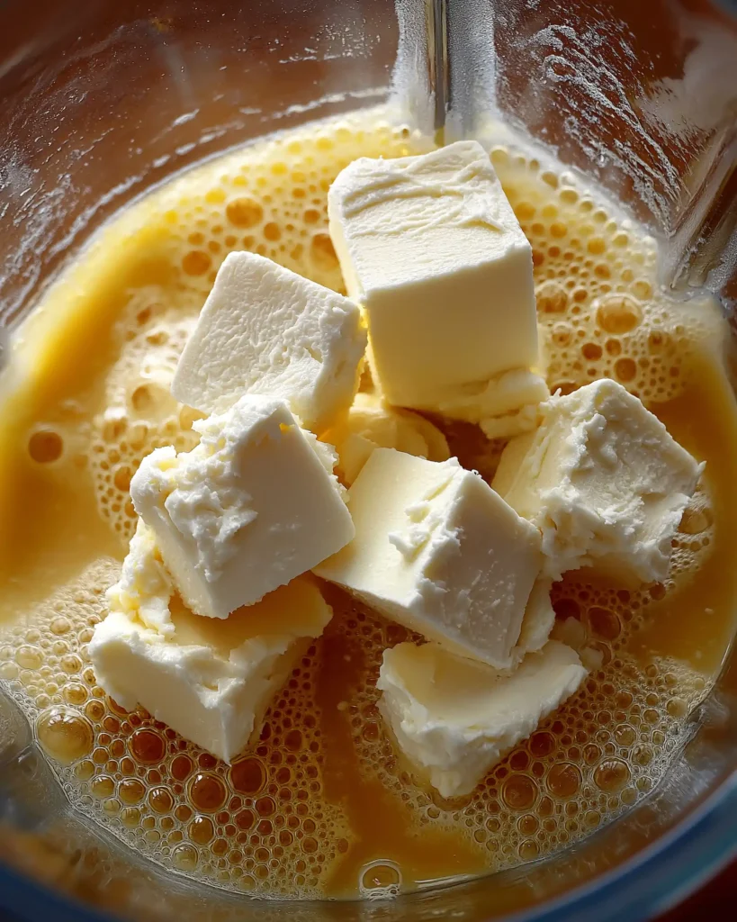 Cubed butter in passion fruit curd base inside blender for happiness cake recipe