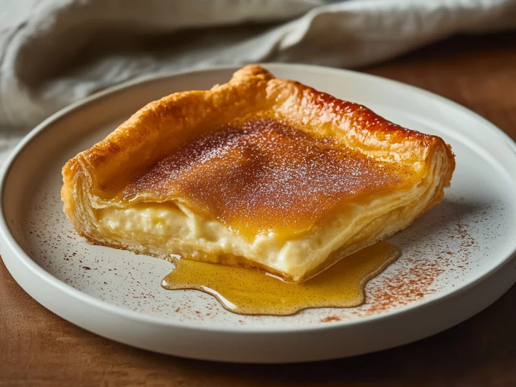 A close-up of golden Sopapilla Cheesecake Pie topped with cinnamon sugar and honey, sliced to reveal creamy cheesecake layers in a flaky crescent crust.