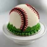 Baseball cake recipe with red frosting stitches and green grass piping