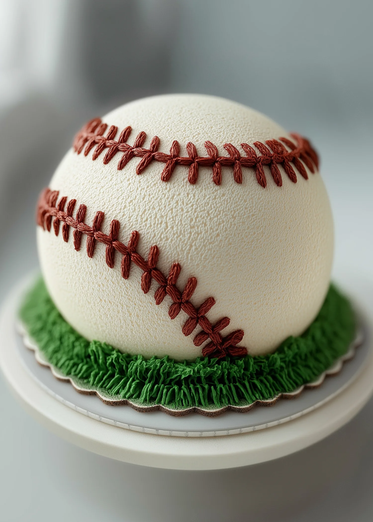 baseball-cake-recipe-grass-border-red-stitching Baseball cake recipe with red frosting stitches and green grass piping