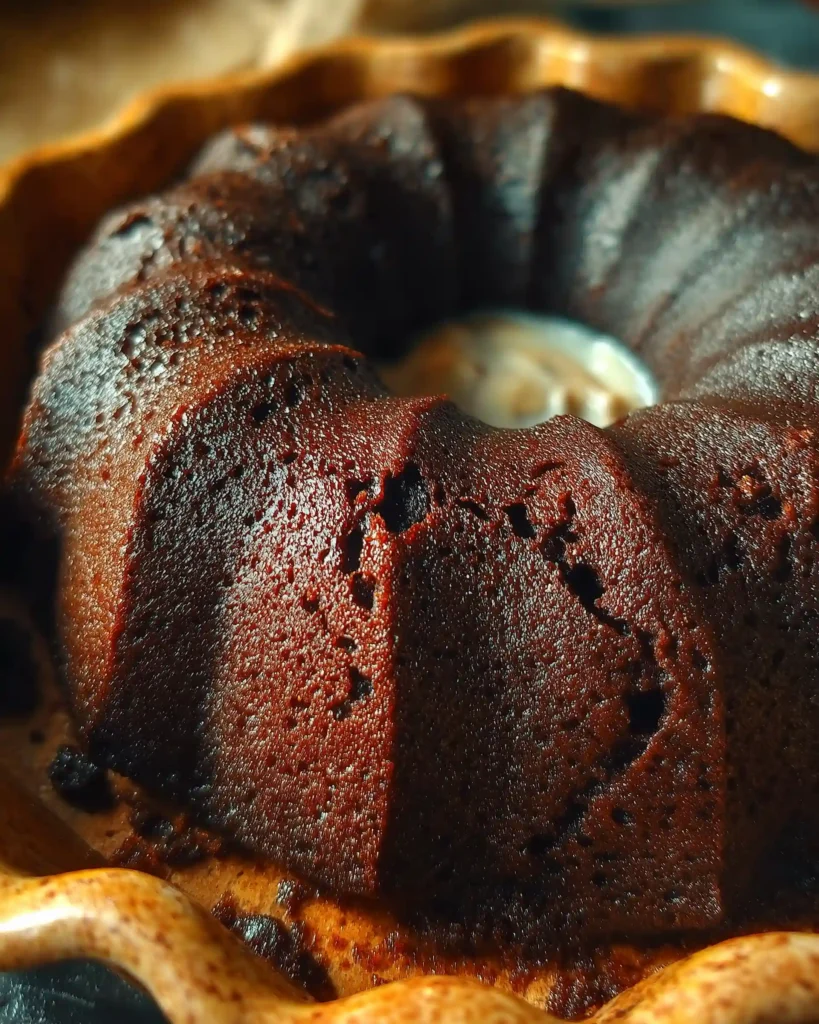 Freshly baked black garlic chocolate bundt cake in ceramic pan with cracked top and rich dark cocoa color