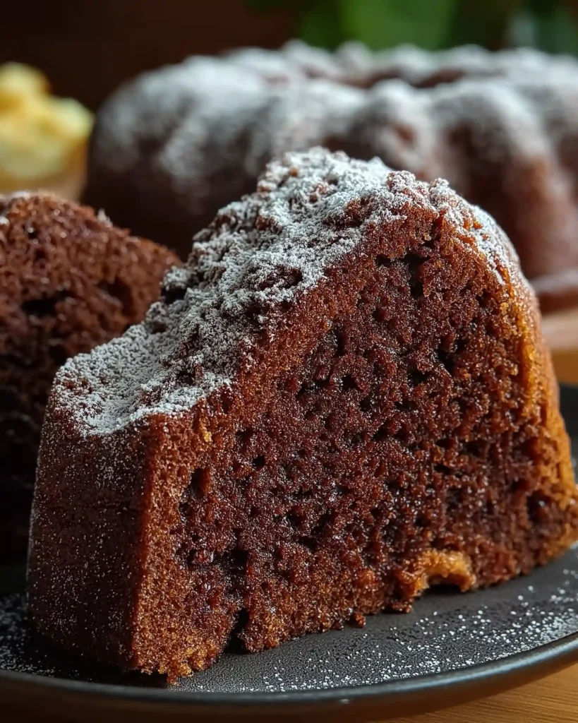 Thick slice of moist Black Garlic Chocolate Cake on a plate dusted with powdered sugar