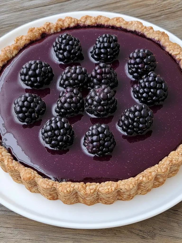 A no-bake blackberry and lavender tart topped with fresh blackberries, edible lavender flowers, and lemon zest on a rustic wooden table