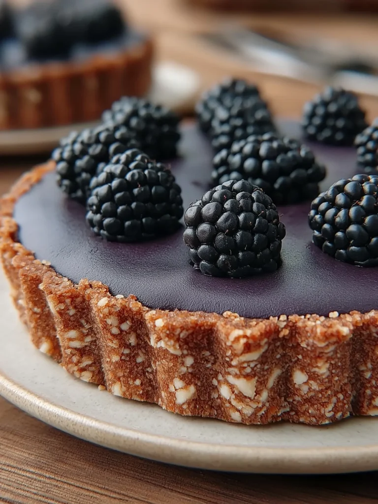 Blackberry and lavender tart topped with fresh blackberries, edible flowers, and lemon zest curls on a rustic wooden table