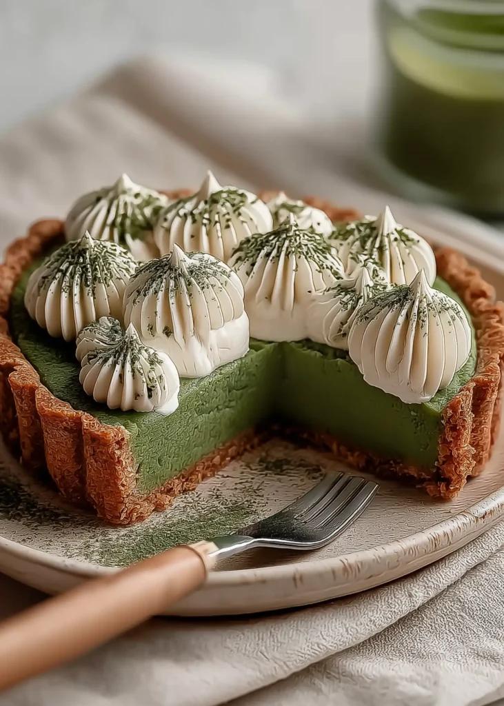 Serving a slice of Matcha White Chocolate Tart with creamy matcha ganache and vanilla whipped cream on almond crust