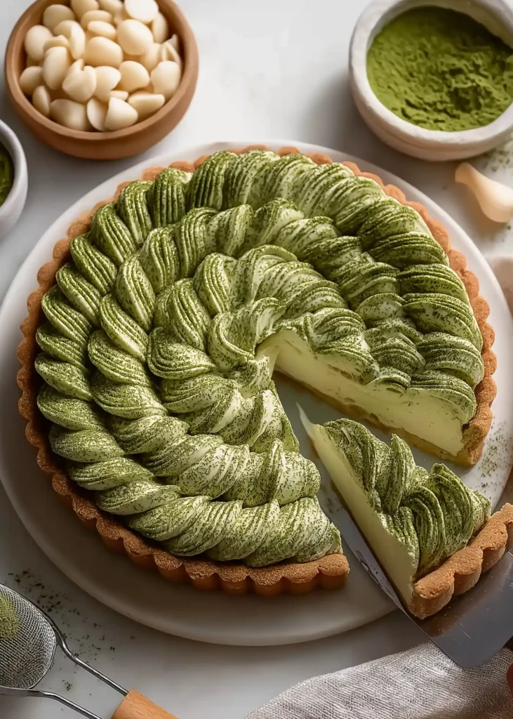 Serving a slice of Matcha White Chocolate Tart with creamy matcha ganache and vanilla whipped cream on almond crust