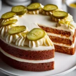Layered pickle cake recipe topped with dill pickle slices and creamy white frosting
