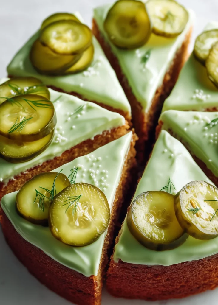 Pickle cake recipe with green dill frosting and sliced pickles on top