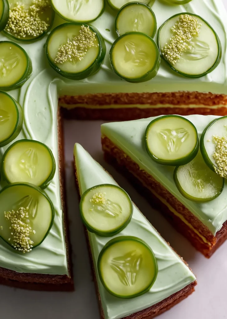 Pickle cake recipe with green whipped frosting and dill pickle toppings on white plate