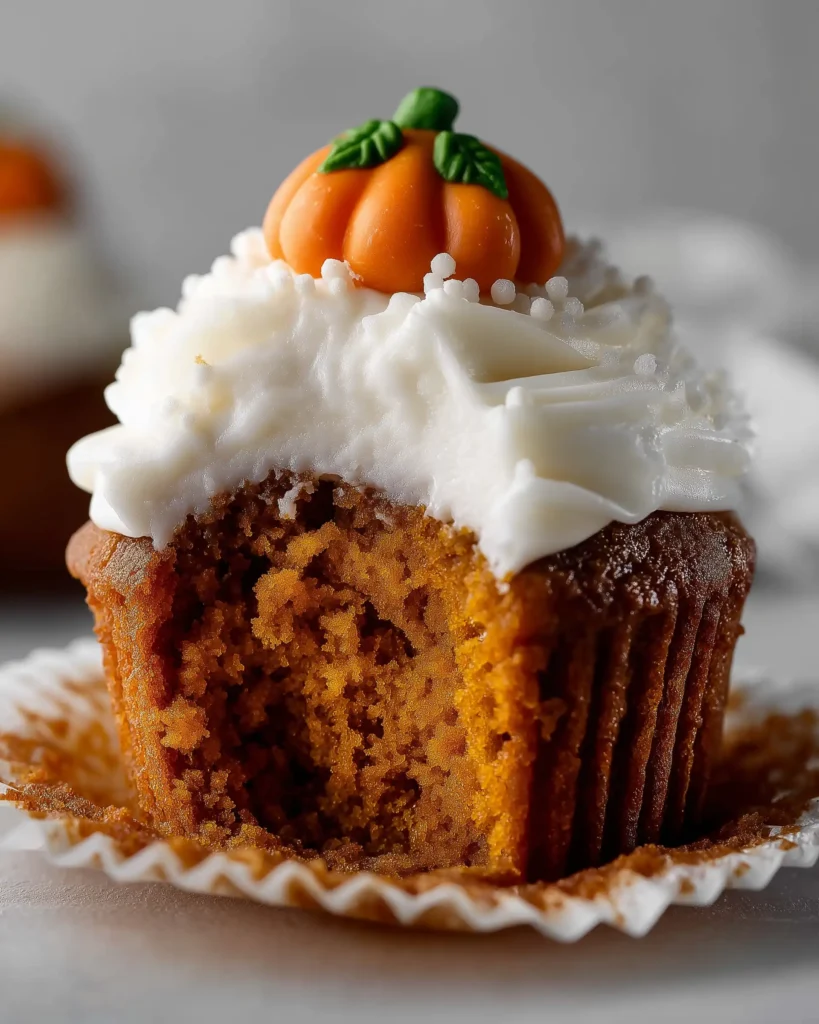 Finished pumpkin cupcakes with cream cheese frosting and decorative pumpkin on top
