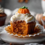 Pumpkin cupcake with cream cheese frosting and fondant pumpkin topping, moist interior shown