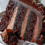 Slice of rich avocado cake with layers of moist cocoa cake and creamy avocado frosting on a white plate