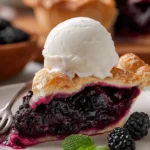 A slice of blackberry pie with golden crust and blackberry filling topped with vanilla ice cream, served on a white plate with fresh blackberries and mint.