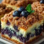 Blueberry coffee crumb cake slices with golden cinnamon streusel topping and layers of baked blueberries on a white plate