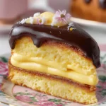 Slice of Boston Cream Pie on a floral dessert plate showing creamy pastry filling and glossy chocolate topping