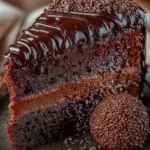 Rich and moist slice of Brigadeiro Cake layered with chocolate brigadeiro filling, topped with glossy frosting and chocolate sprinkles, served with a brigadeiro truffle on a dessert plate.