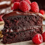 Moist chocolate brownie cake slice with rich chocolate frosting and fresh raspberries on a rustic plate
