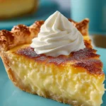 A slice of Southern buttermilk pie on a blue plate, topped with whipped cream, showing creamy custard filling and flaky crust