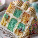 A close-up slice of checkered cake with teal and funfetti layers, topped with vanilla buttercream and rainbow sprinkles on a white plate.