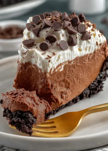 Slice of chocolate Jello pudding pie with Oreo crust and Cool Whip topping, topped with chocolate chips and served on a white plate