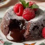 Gooey chocolate lava cake with powdered sugar and raspberries on a decorative plate — a rich, indulgent dessert featured in this chocolate lava cake recipe