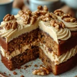 Moist coffee walnut cake with buttercream and walnut topping, sliced and served on a rustic plate