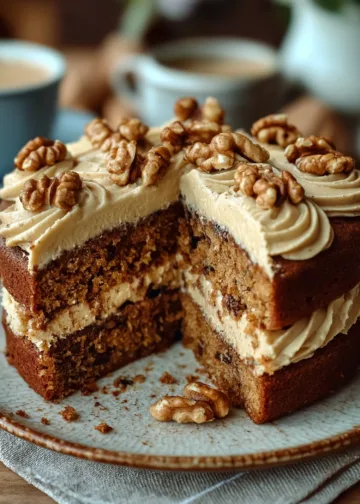 Moist coffee walnut cake with buttercream and walnut topping, sliced and served on a rustic plate