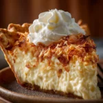 A slice of creamy coconut cream pie topped with whipped cream and toasted coconut on a rustic plate