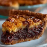 Slice of derby pie with gooey chocolate pecan filling on a plate from homemade derby pie recipe