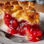 Slice of fresh rhubarb pie with golden crust and juicy red filling on a white dessert plate