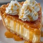 Close-up of a slice of honey pie with whipped cream and honey drizzle on a white plate