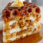 Slice of maple Belgian waffle cake with syrup drizzle and butter on a white plate
