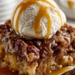 Close-up of pecan pie dump cake recipe topped with vanilla ice cream and caramel drizzle on a white plate